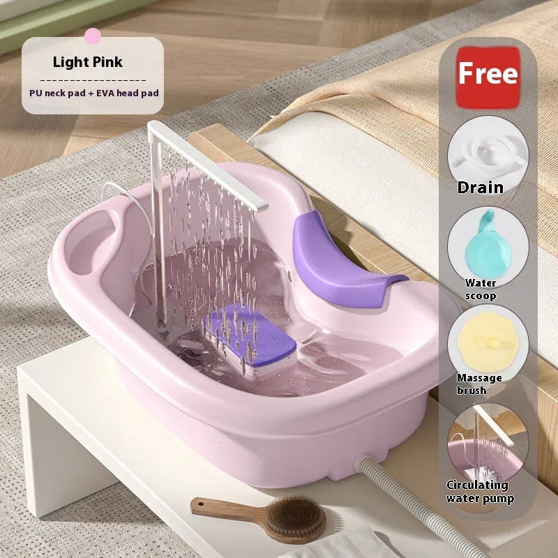 Portable shampoo basin with circulating pump and adjustable headrest in light pink or beige