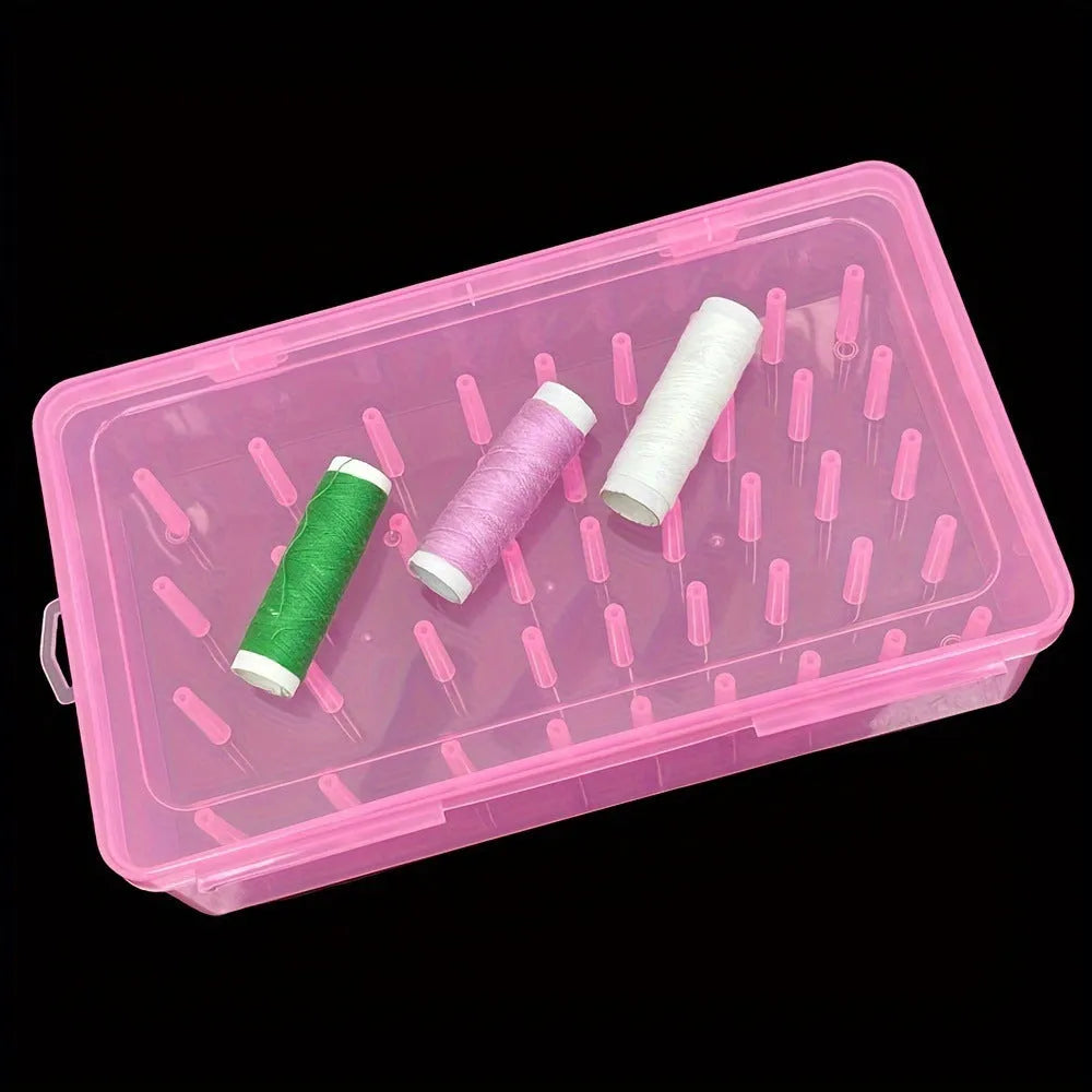 Clear plastic storage box with 42 compartments for embroidery threads and needlework supplies