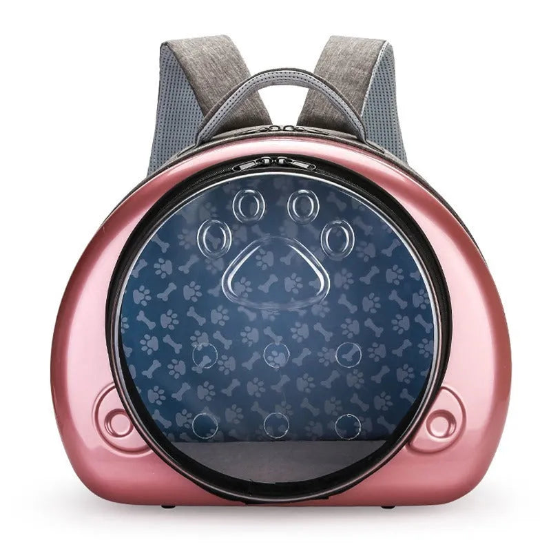 Transparent space capsule style cat carrier bag with breathable design and rose gold front cover.
