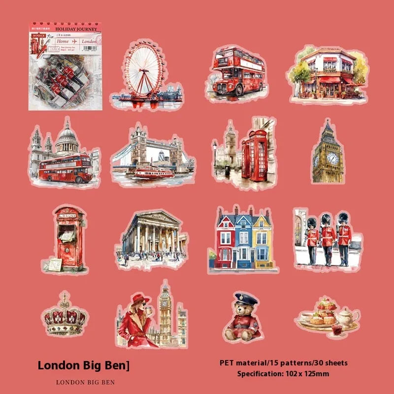 Six retro architecture journal stickers showing Paris Arc de Triomphe, London Big Ben, Maldives, Zurich, Rome Fontana di Trevi, and Bangkok Grand Palace