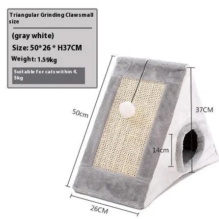 Triangle-shaped cat scratching post with sisal surfaces and integrated plate fur cushion bed