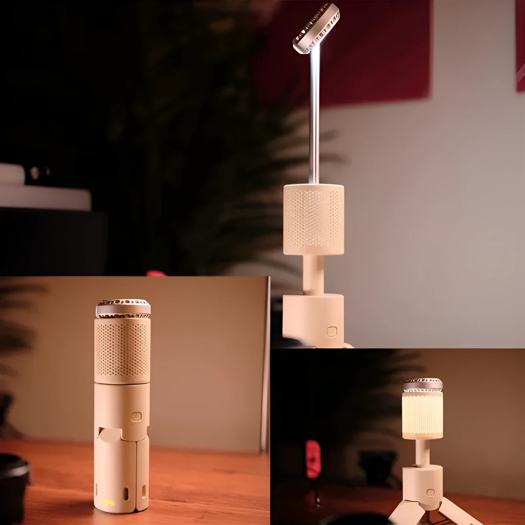 Creamy white and dark grey portable battery-powered LED camping lantern with button switch