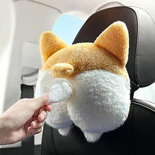 Yellow corgi butt-shaped car tissue box holder mounted on sun visor with elastic backing