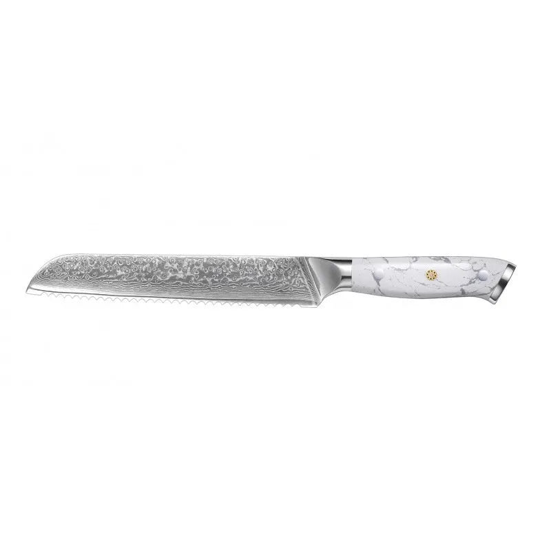 Damascus pattern chef knife with VG10 steel blade measuring 21cm, shown on a kitchen counter.