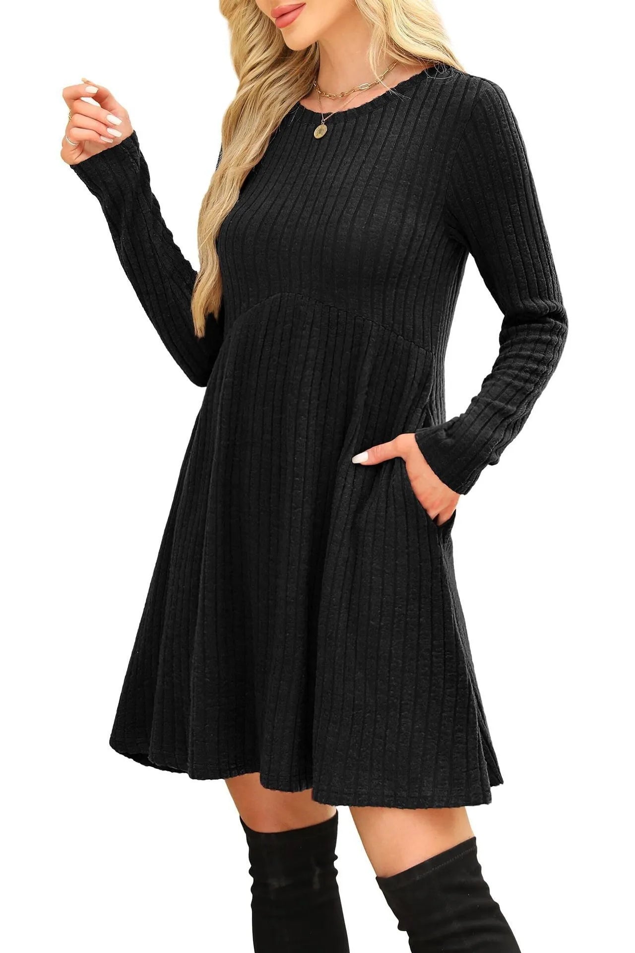 Women's bohemian brushed sunken stripe midi dress in apricot, wide waist, solid colour stitching detail, front view
