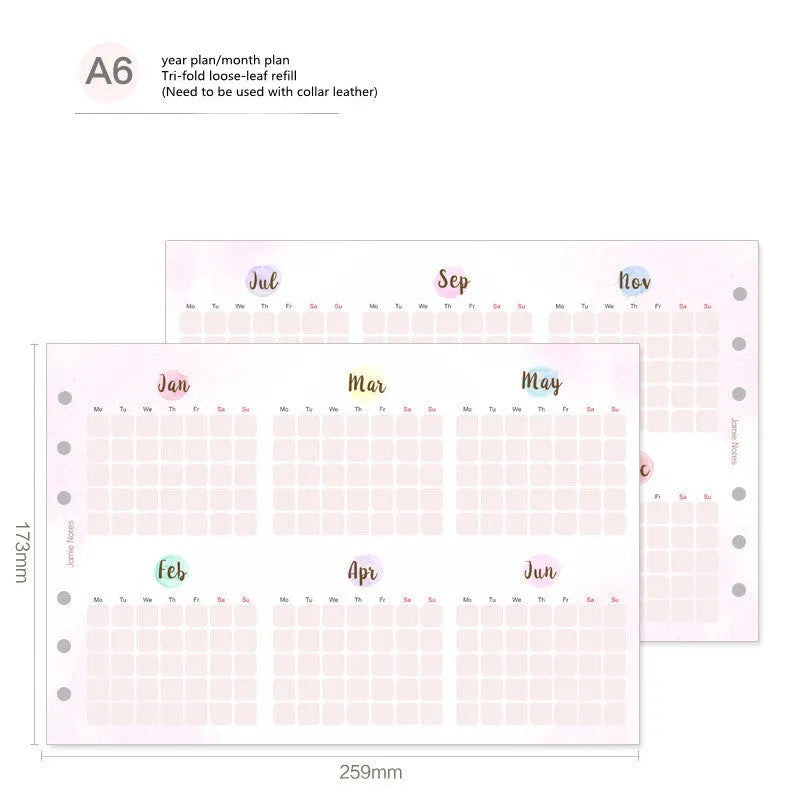 A5, A6, and A7 loose-leaf planner refill sheets showing floral and tri-fold layout designs