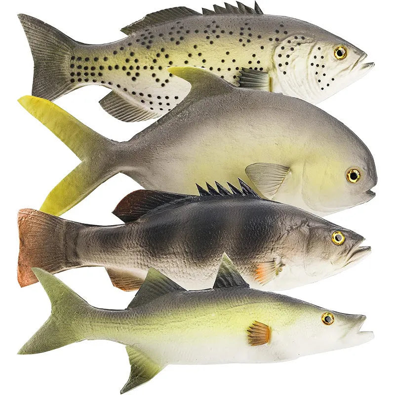 Three PU simulated fish ornaments showing yellow-fin tuna, small tuna and yellow croaker marine replicas