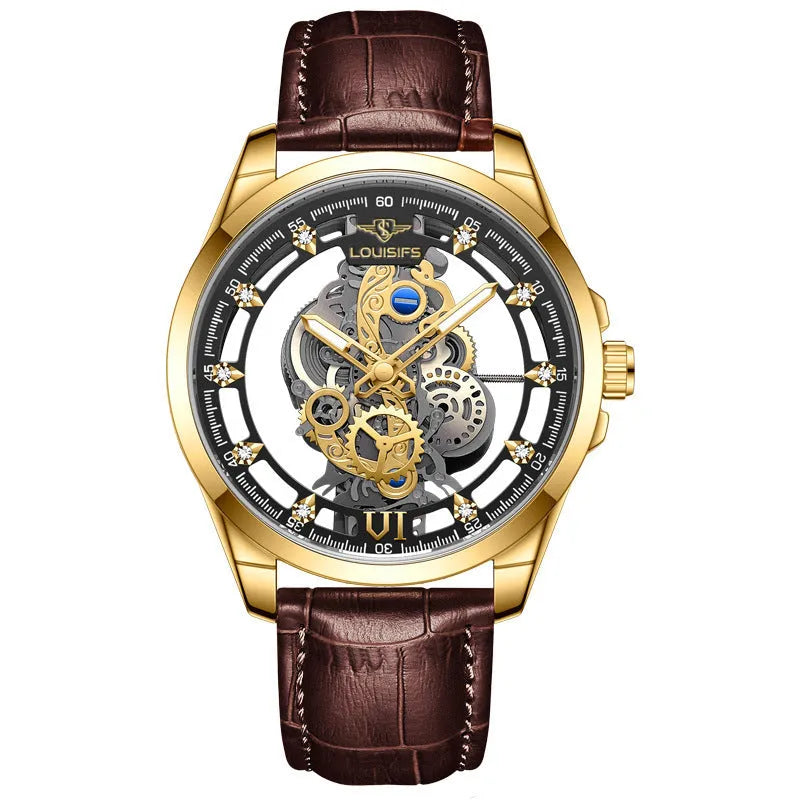Men's Swiss quartz wristwatch with a business design and leather strap.