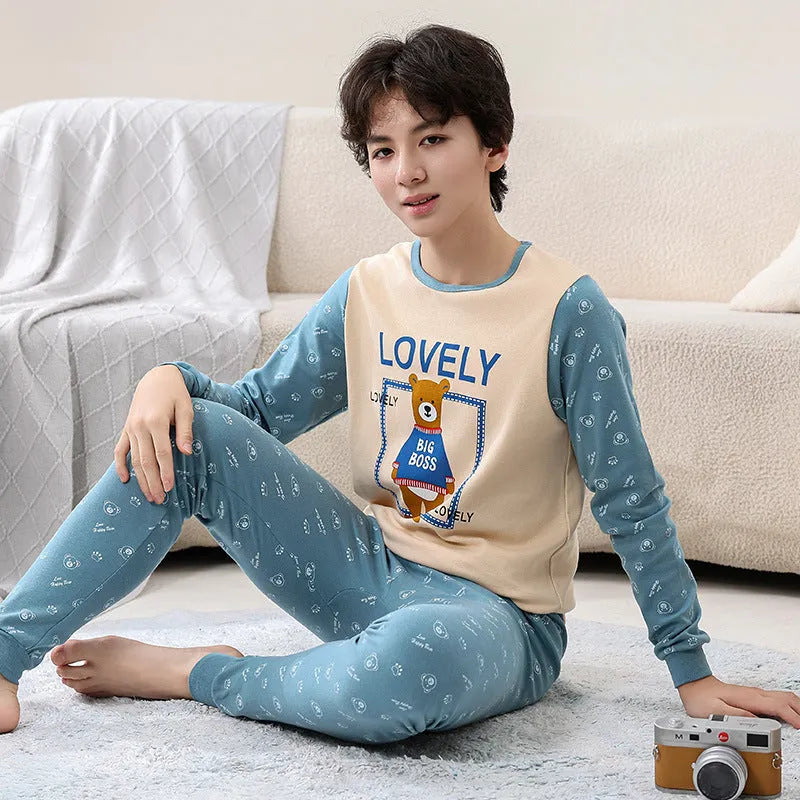 Children's cotton pyjama set in a patterned style, long-sleeve top and pants, available in multiple colours