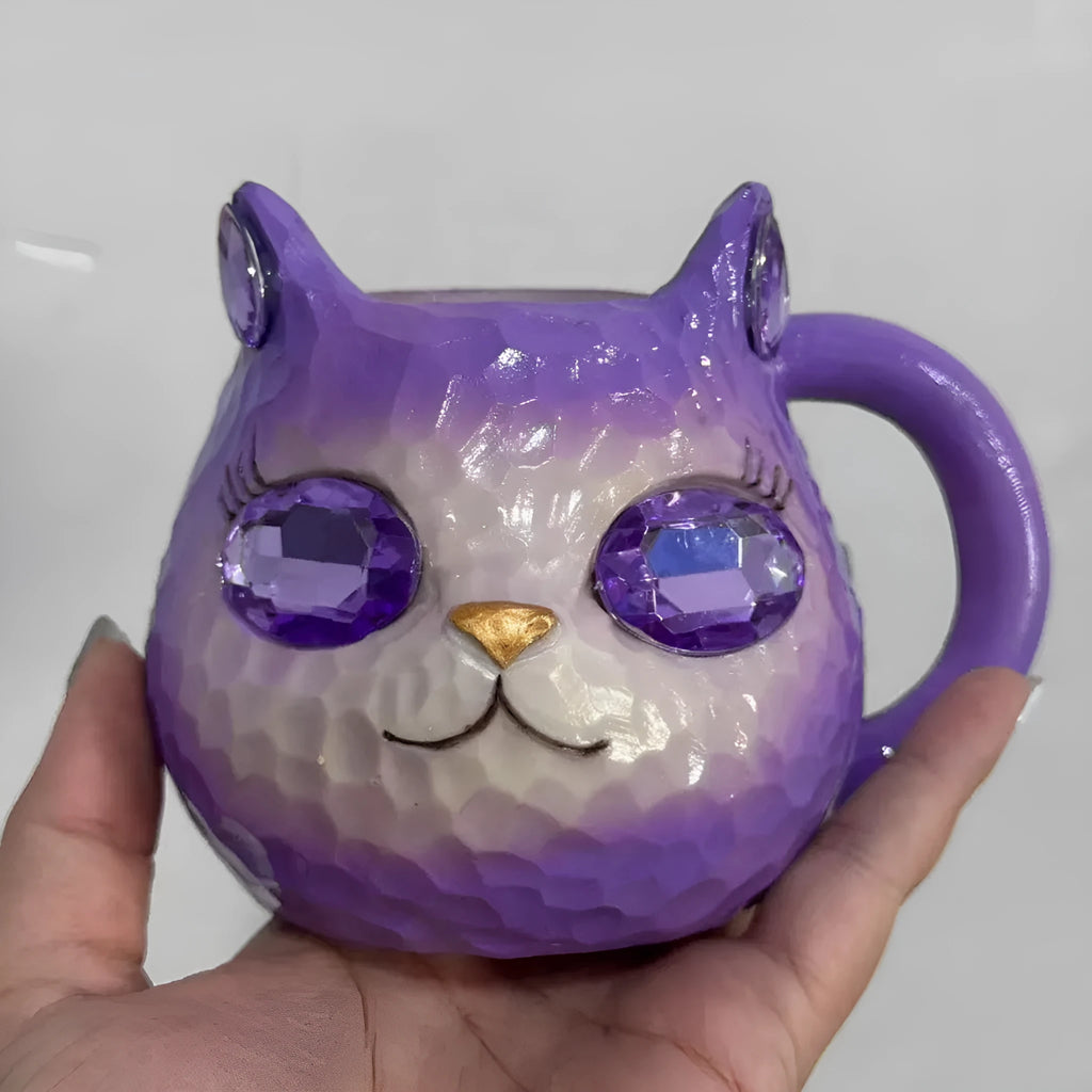 Cat cup resin craft ornament in purple, green, blue, or pink colours for desk display
