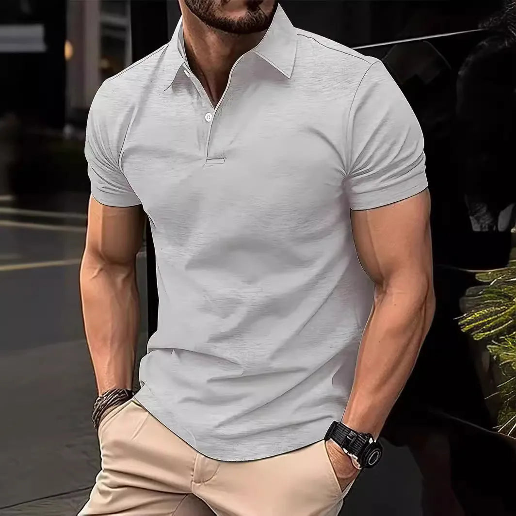 Men's slim-fit solid colour short sleeve button-up shirt in a cotton-mix fabric