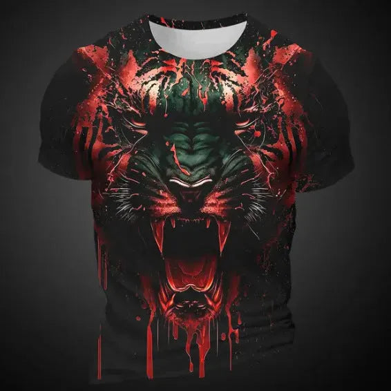 Men's short sleeve T-shirt with 3D tiger pattern print in polyester bird eye cloth