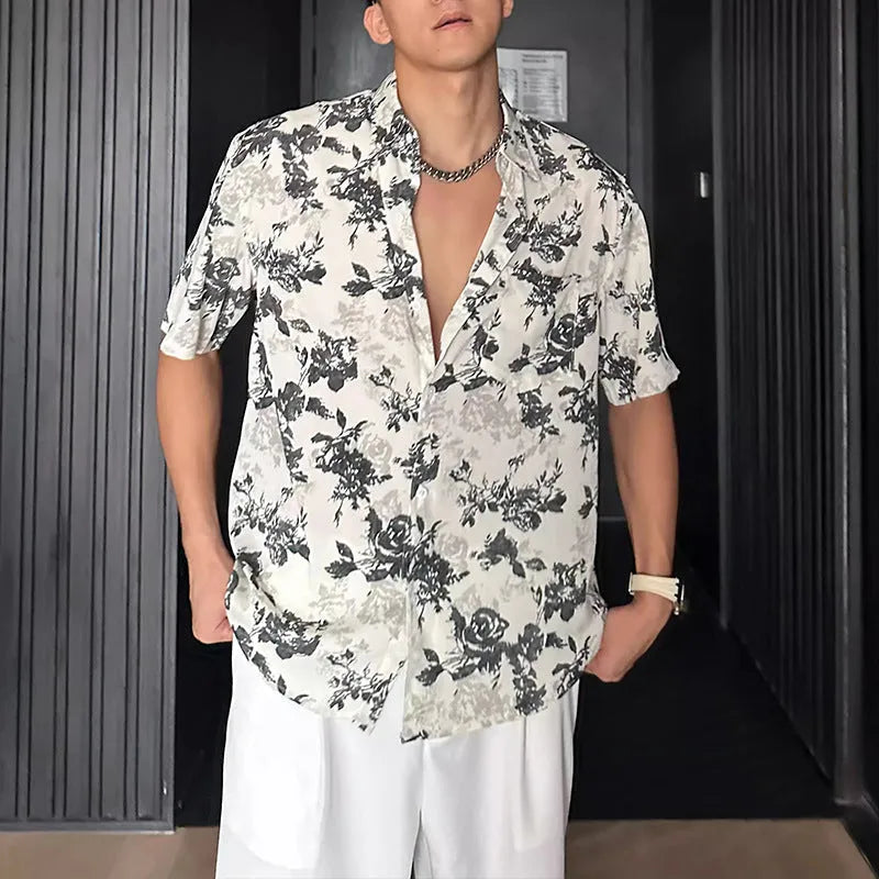 Men's loose casual floral printed short sleeve shirt in black or white