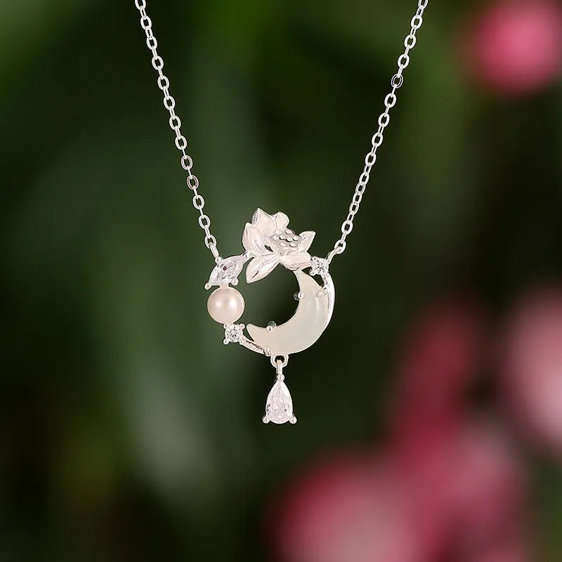925 silver lotus moon pendant necklace with flower shape and adjustable O-ring chain on woman