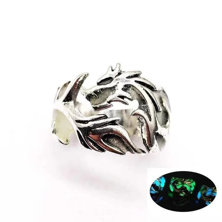 Chinese style adjustable ring with luminous dragon pattern in antique silver blue and green electroplated metal