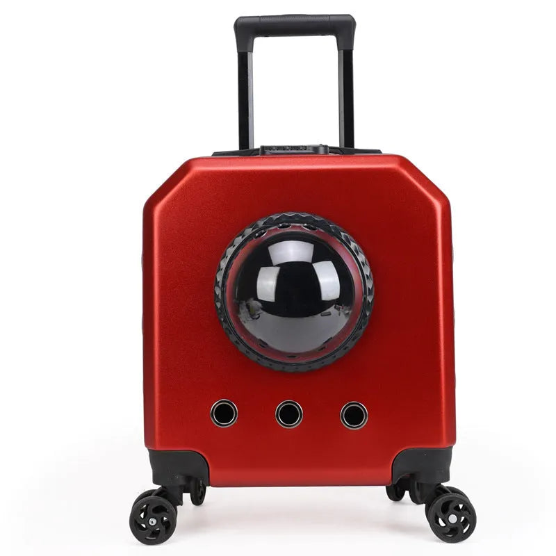 Hard PVC pet trolley case in pink, wine red, white or orange with luggage compartment