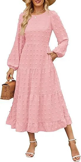 Women's solid colour long sleeve dress with ruffled sleeves and high waist in autumn colours
