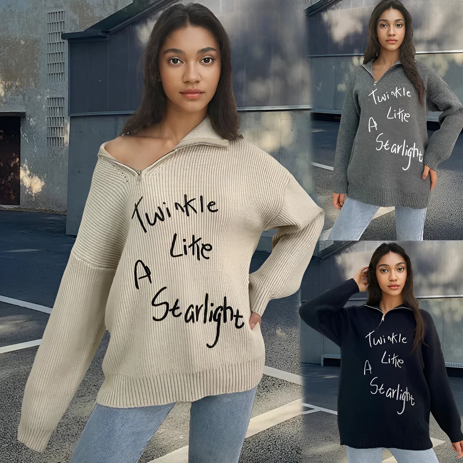 Light khaki women's alpaca wool sweater with a diagonal front zip and loose lapel turtleneck collar.