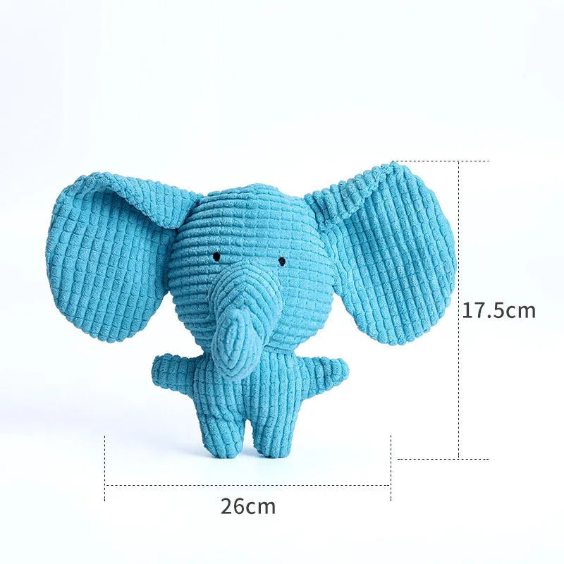 Animal shaped plush dog chew toy with squeaker in blue, brown, cow, grey, pink, white or yellow