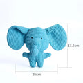 Animal shaped plush dog chew toy with squeaker in blue, brown, cow, grey, pink, white or yellow