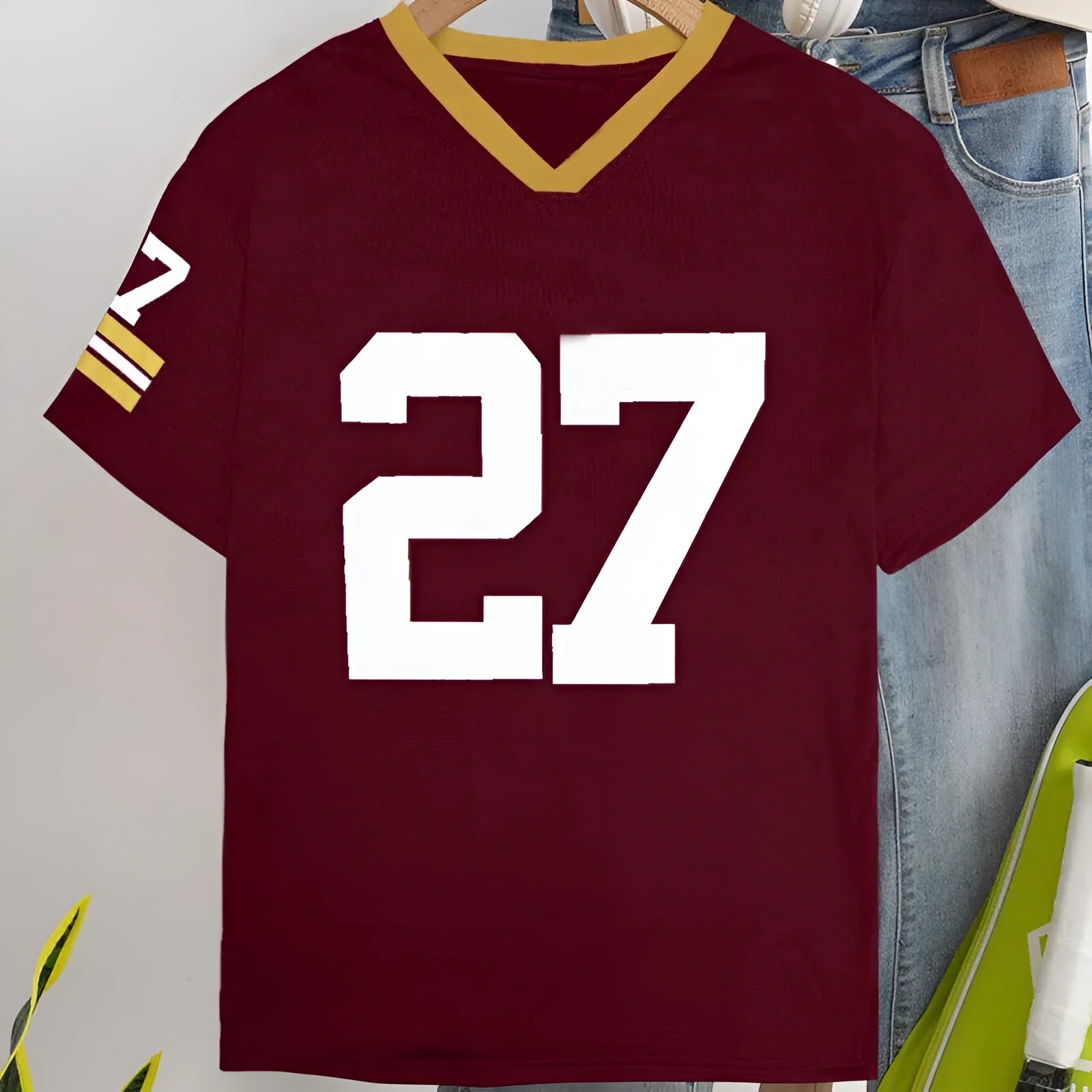 Men's loose fit red T-shirt with a white digital letter print on the front.