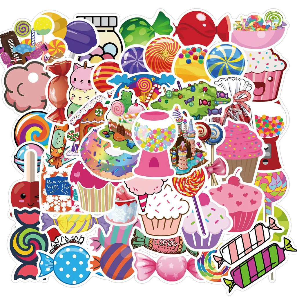 Pack of 50 colourful Candy Series graffiti and cartoon stickers, each measuring 4-6cm.