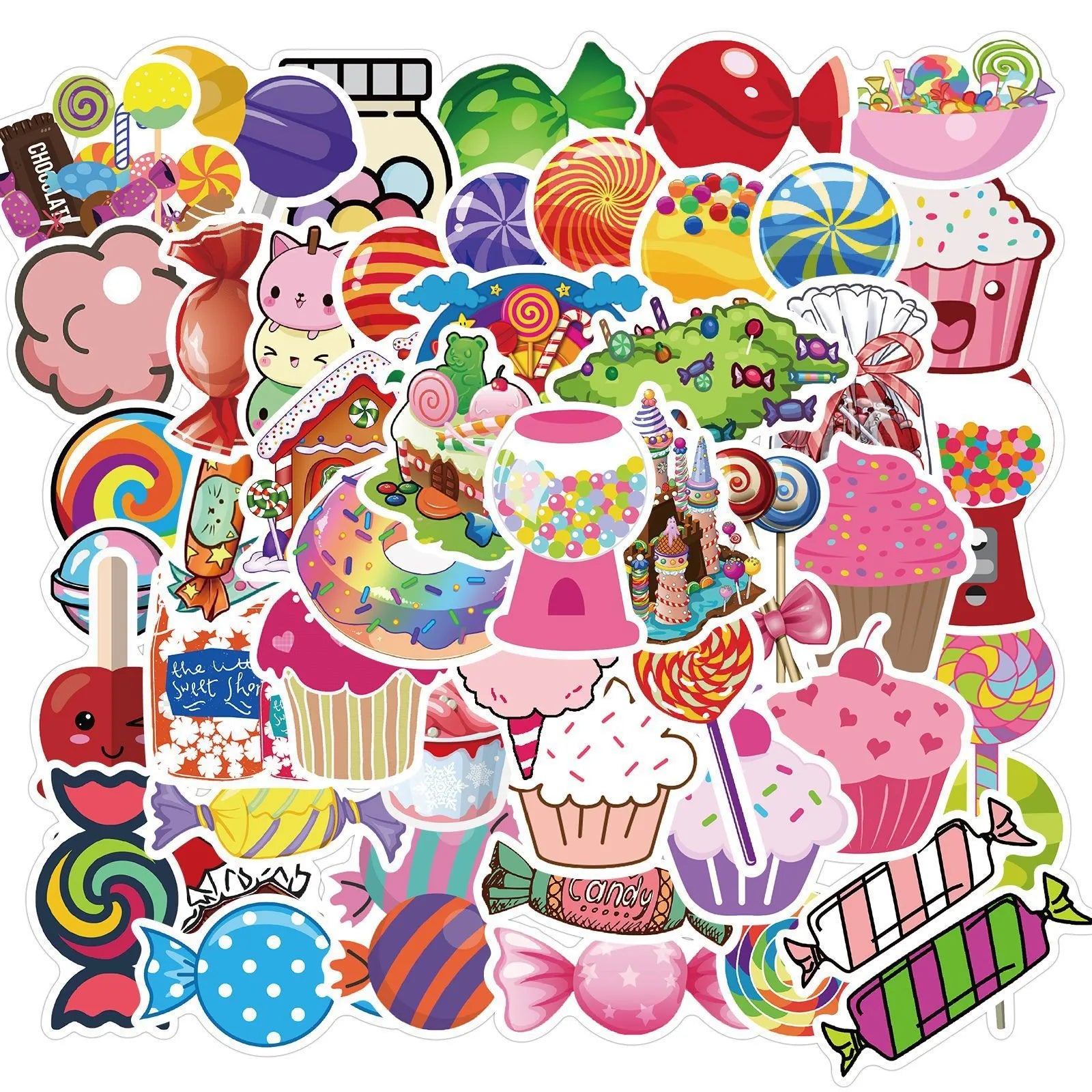Pack of 50 colourful Candy Series graffiti and cartoon stickers, each measuring 4-6cm.