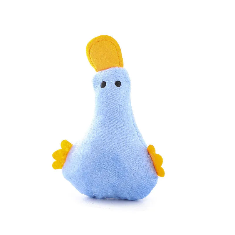 Colourful duck-shaped plush pet toy with catnip filling and squeaker sound for cats and dogs