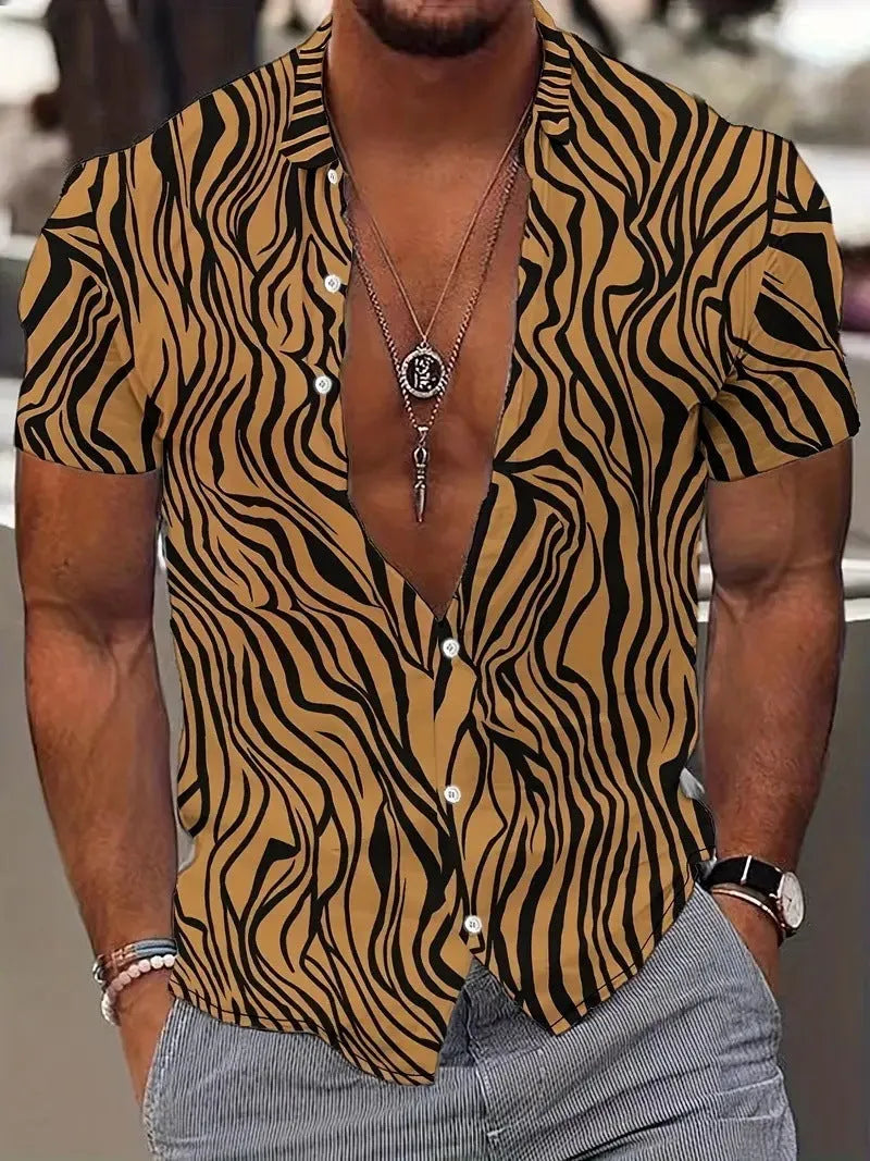 Men's slim fit geometric print lapel shirt in lightweight polyester fabric for summer casual wear