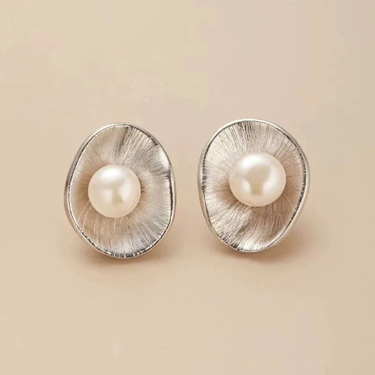 Gold-plated geometric sterling silver ear studs with genuine freshwater pearls
