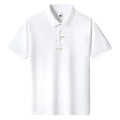 Men's loose-fitting short sleeve cotton T-shirt in six colour options on a size chart background.