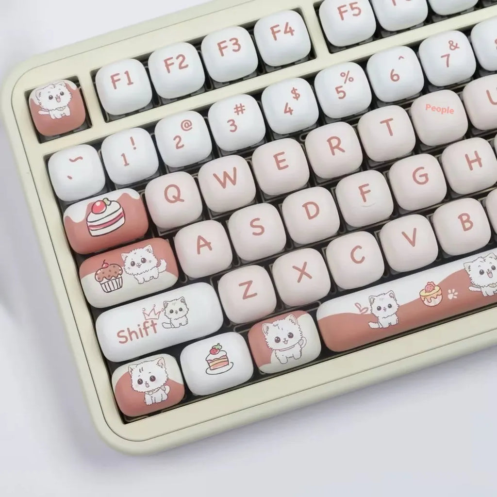 Dessert cat themed MOG round keycap set for mechanical keyboards showing cartoon character artwork.
