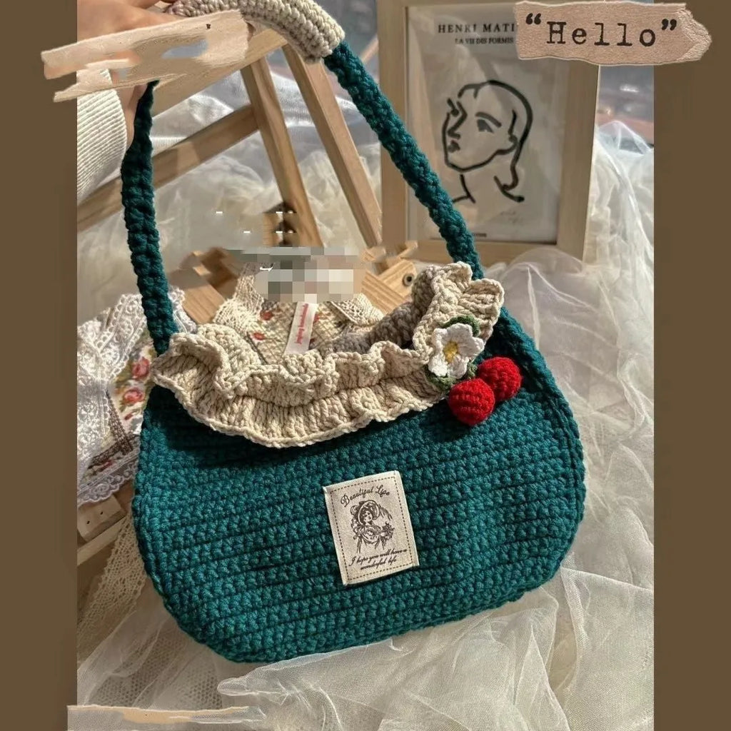 Wool crocheted bear portable shoulder bag with wooden handle, handmade female bag in one of four random styles