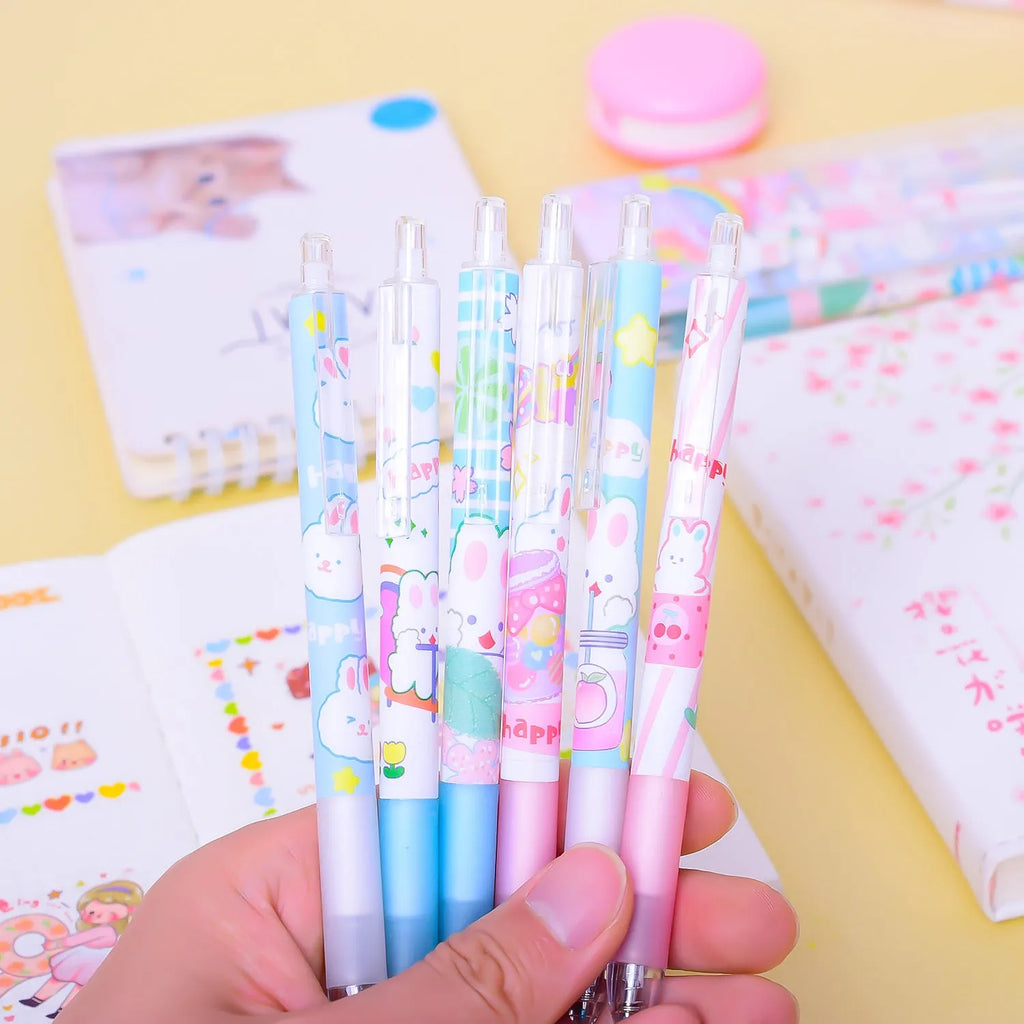 Six cartoon bunny design pens with 0.5mm black ink refills for student and office stationery