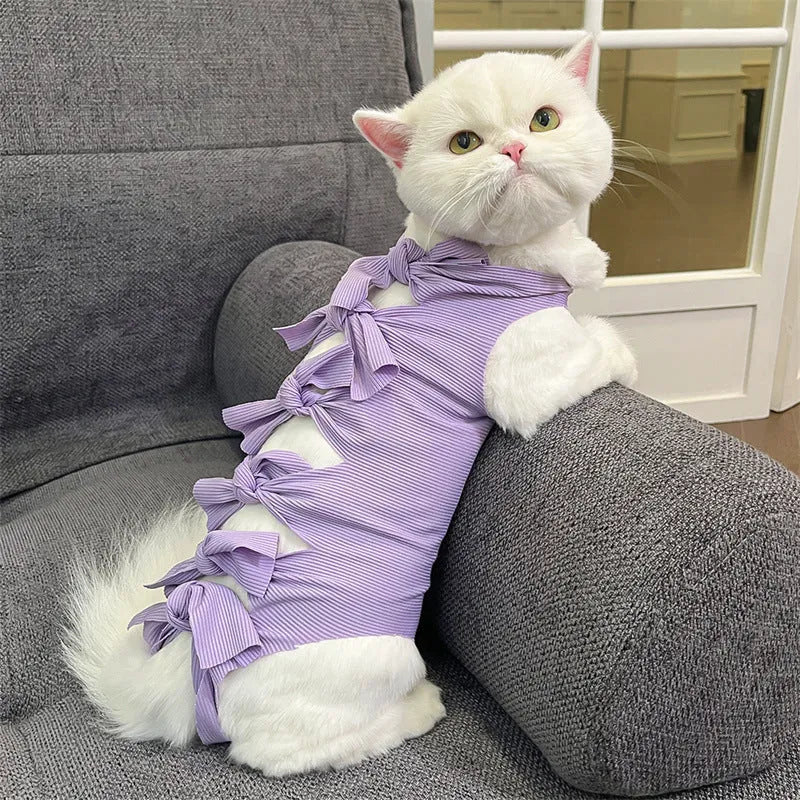 Lace-up cat sterilization clothing in polyester for post-operation recovery, shown in multiple colour options
