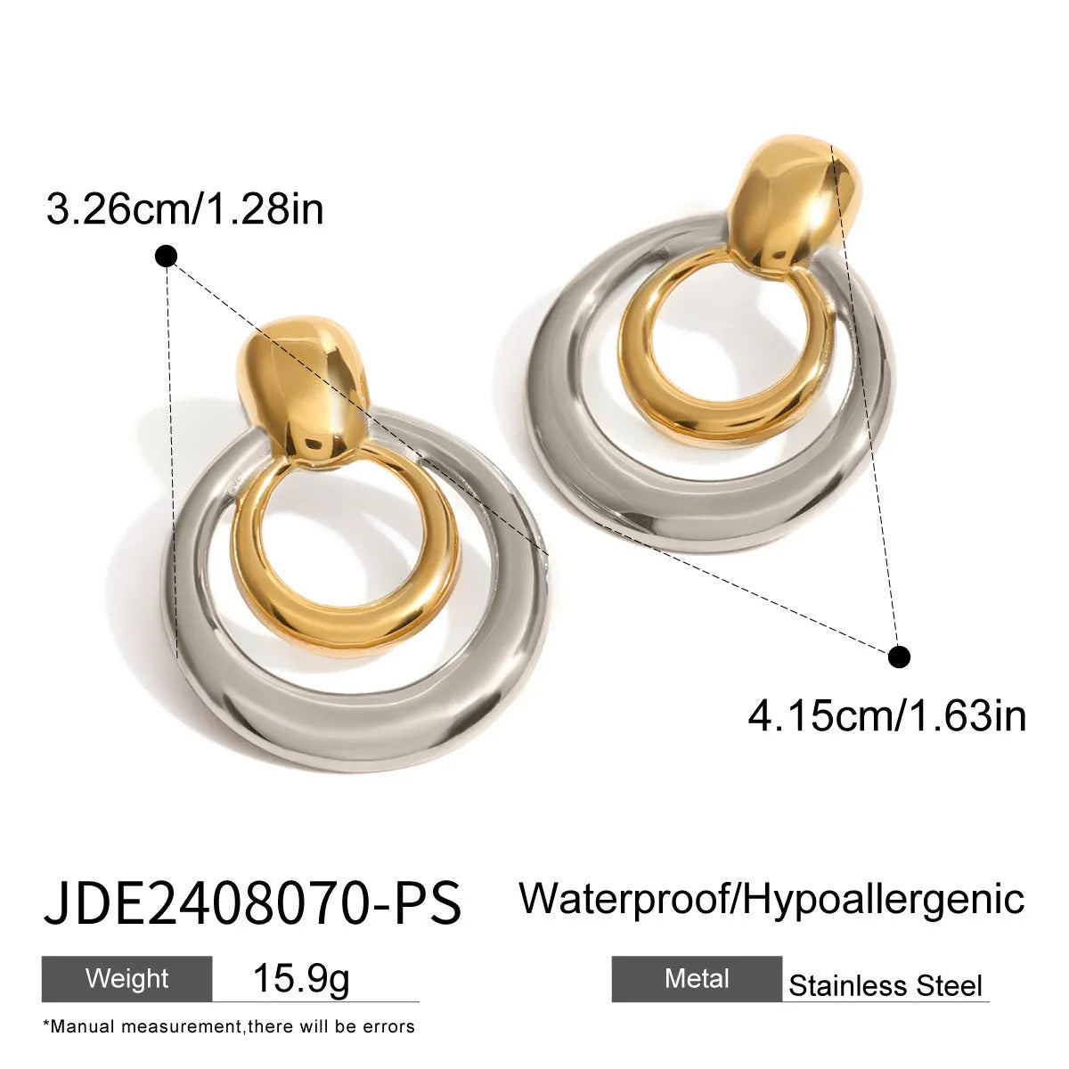 Close-up of a pair of round, geometric, double-layer hollow stud earrings with a golden electroplated finish.