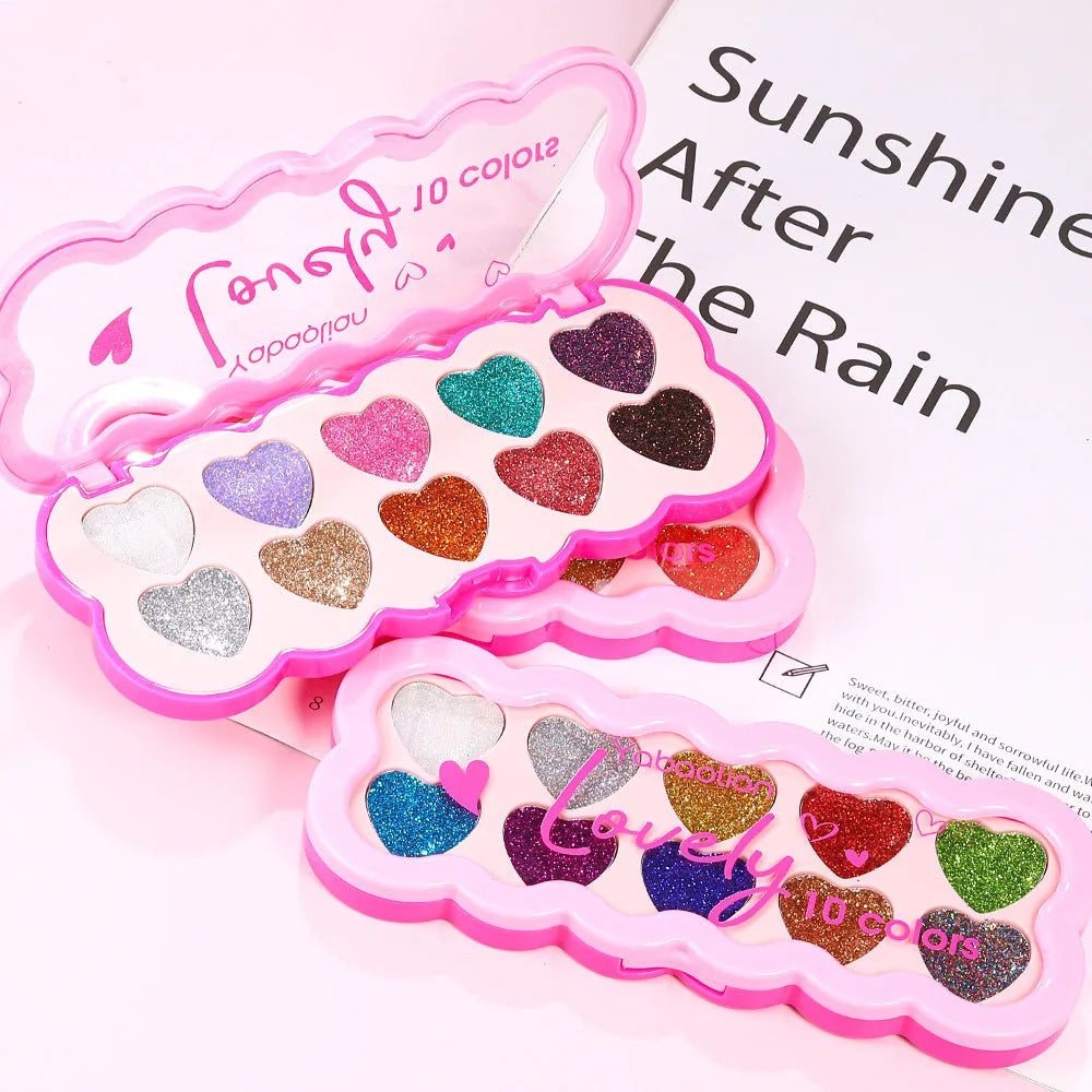 Ten-colour pearlescent heart sequin eyeshadow palette showing multiple shades