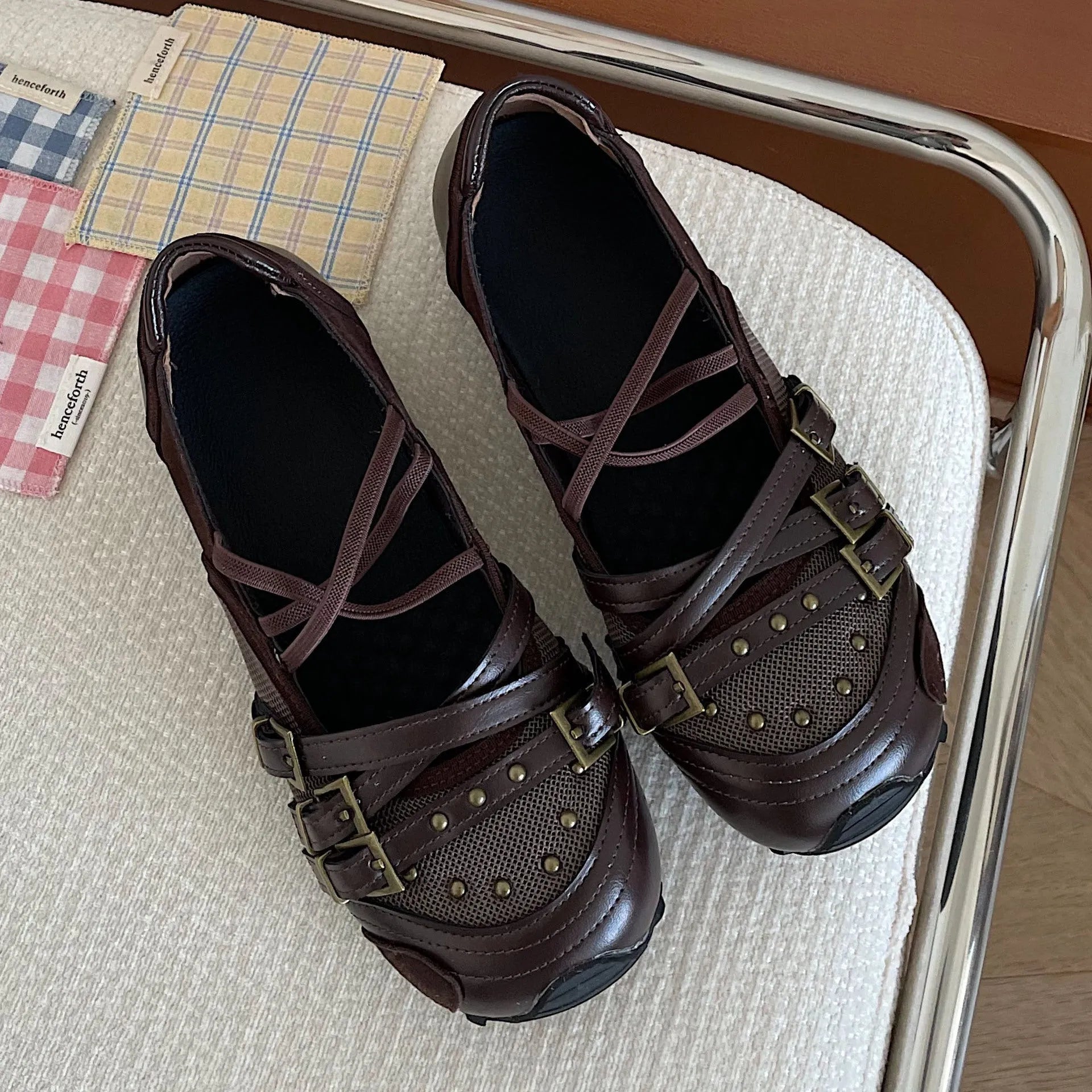 Women's ballet flat bottom pumps in brown with buckle detail, flat heel, and round toe shape for summer casual wear