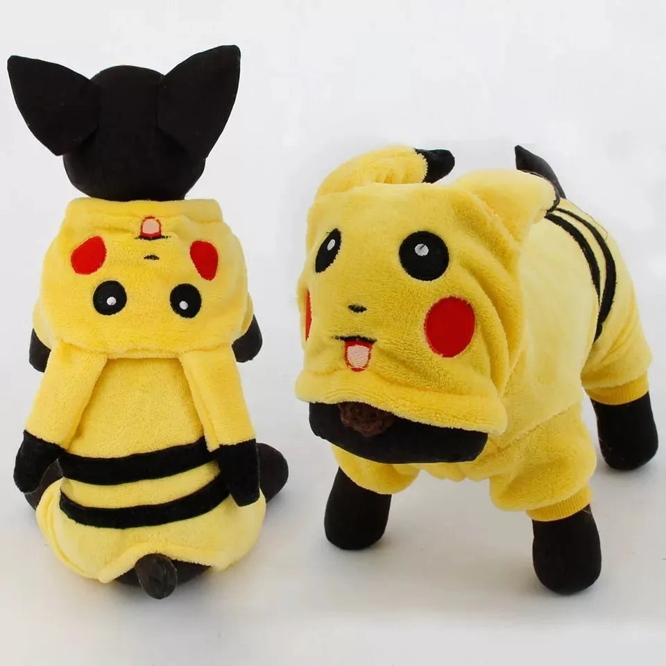 Fleece pet coat with hoodie for cat or dog in cartoon design, shown in size range XS to XXL.