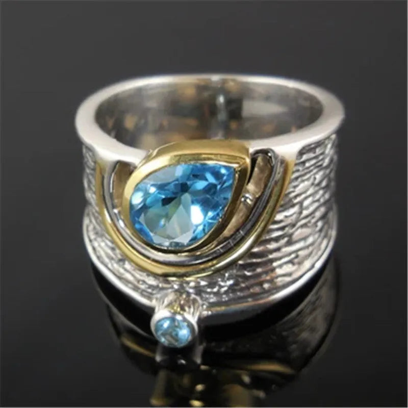 Blue zircon rhinestone ring with drop shape design in Chinese style for women