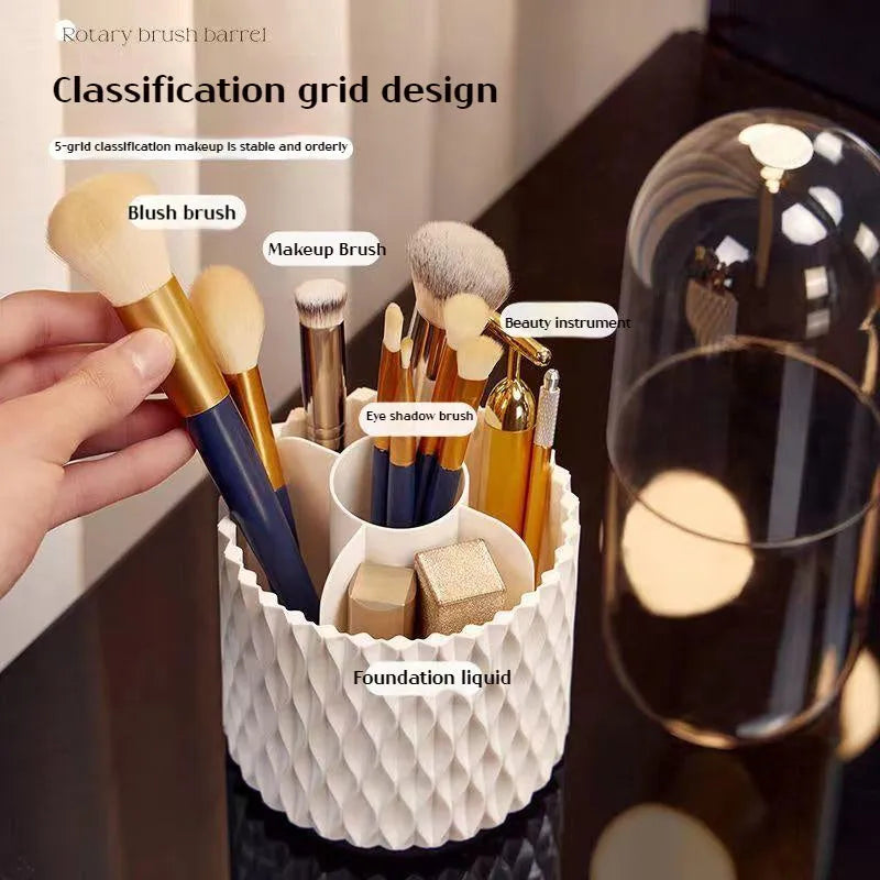 White rotating acrylic makeup brush storage box with transparent walls and dustproof lid