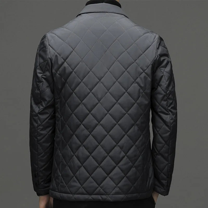 Men's black lapel-style down winter cardigan jacket with side pockets