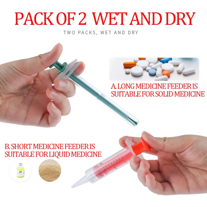 Two silicone pet pill shooter syringes with soft tips, one longer than the other, for administering tablets.