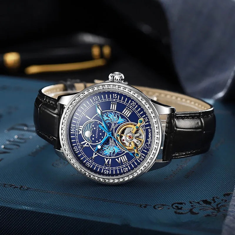 Men's waterproof mechanical watch with stainless steel case, round dial, and butterfly buckle in rose gold colour.