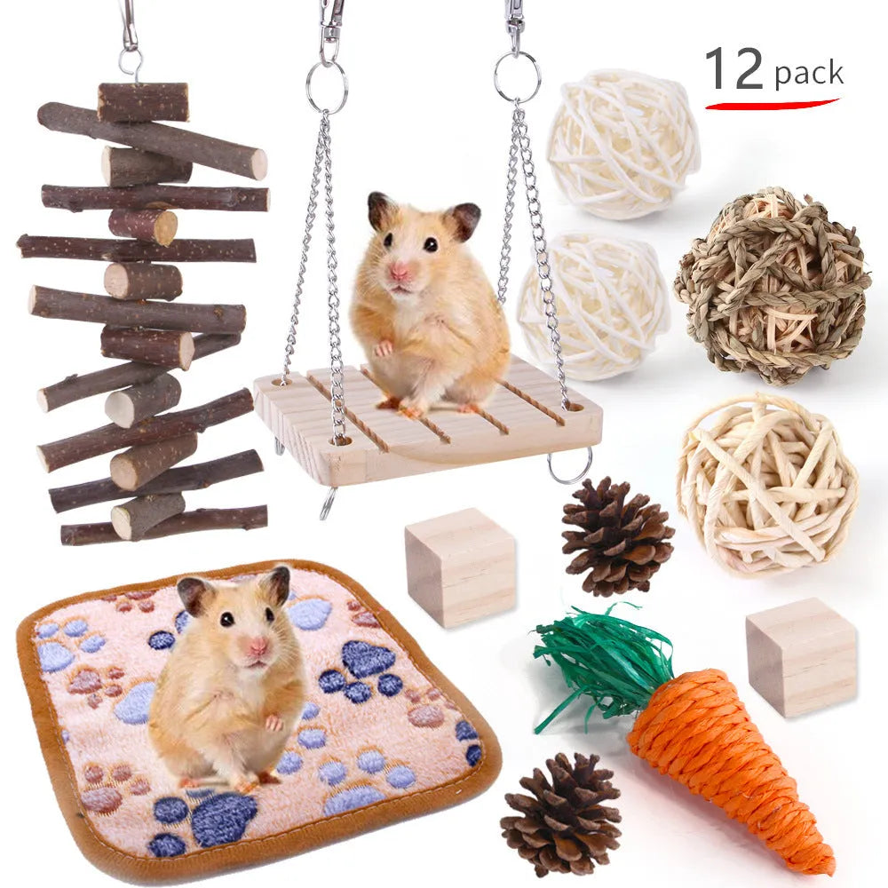 Assortment of natural wooden and woven chew toys for small pets like rabbits and parrots.
