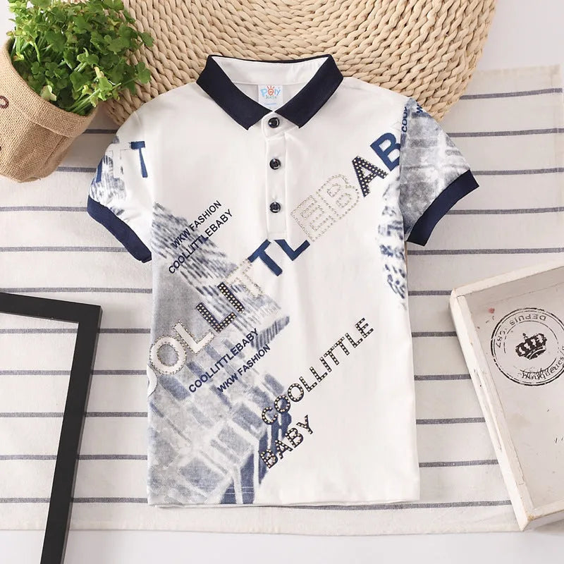 Boys' cotton polo shirt in navy colour with short sleeves and lapel collar