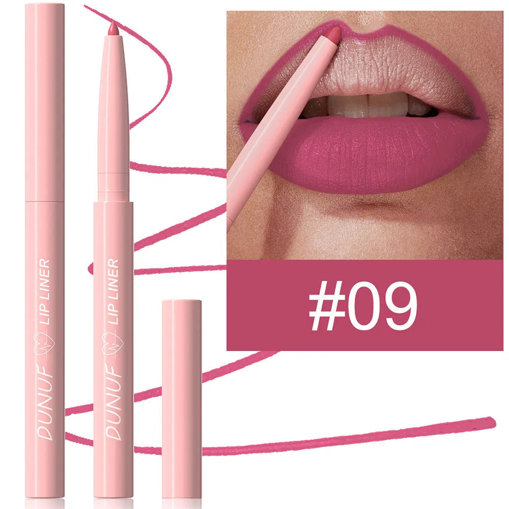A single velvet matte lip liner pencil shown with a swatch of its colour, representing one of 12 available shades.