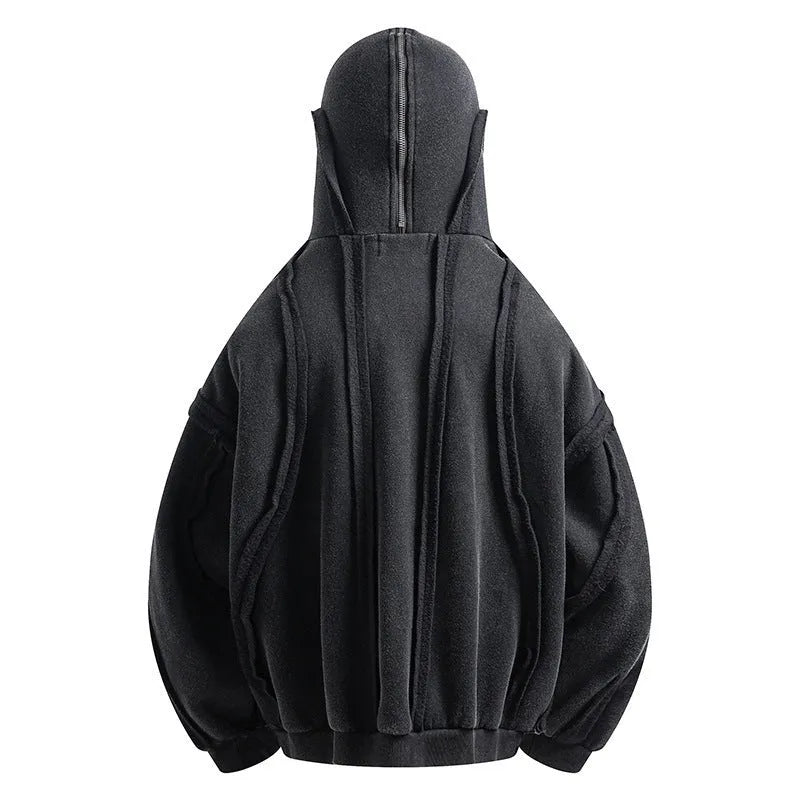 Black cotton padded cardigan coat with hooded design and abstract pattern