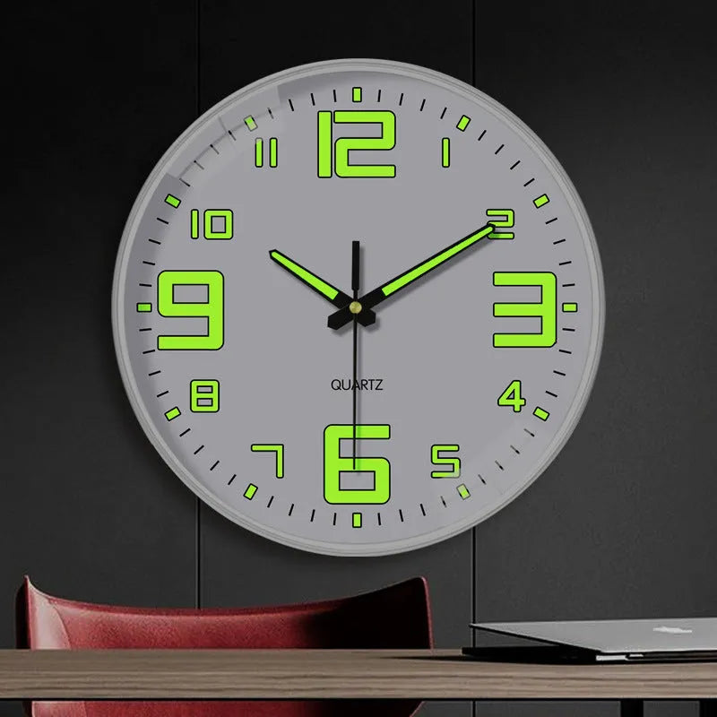 Modern 8-inch luminous wall clock with white dial on a plastic shell, mounted on a wall.