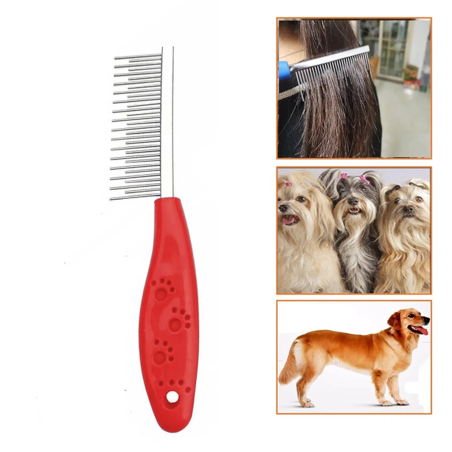 Red pet grooming comb with stainless steel pins, showing both long and short teeth on a plastic handle.